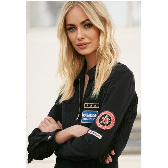 Claudie Pierlot Blue Denim Tassled Long Sleeve Front-Zip Cuffed Hem Jumpsuit 36 - Picture 2 of 12